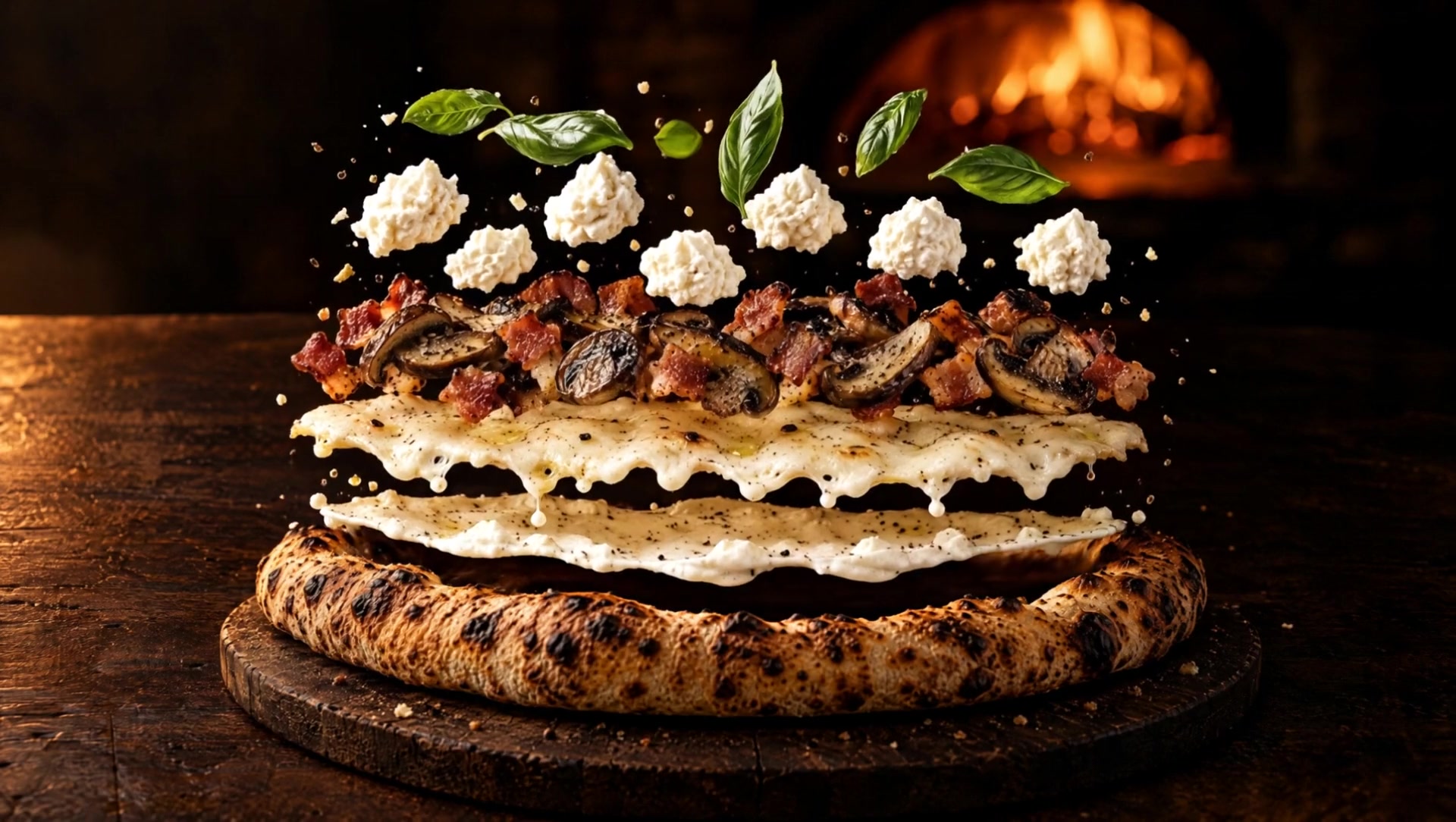 Alle lagen van de pizza zwevend boven de bodem: basilicum, ricotta, champignons met pancetta, mozzarella en saus